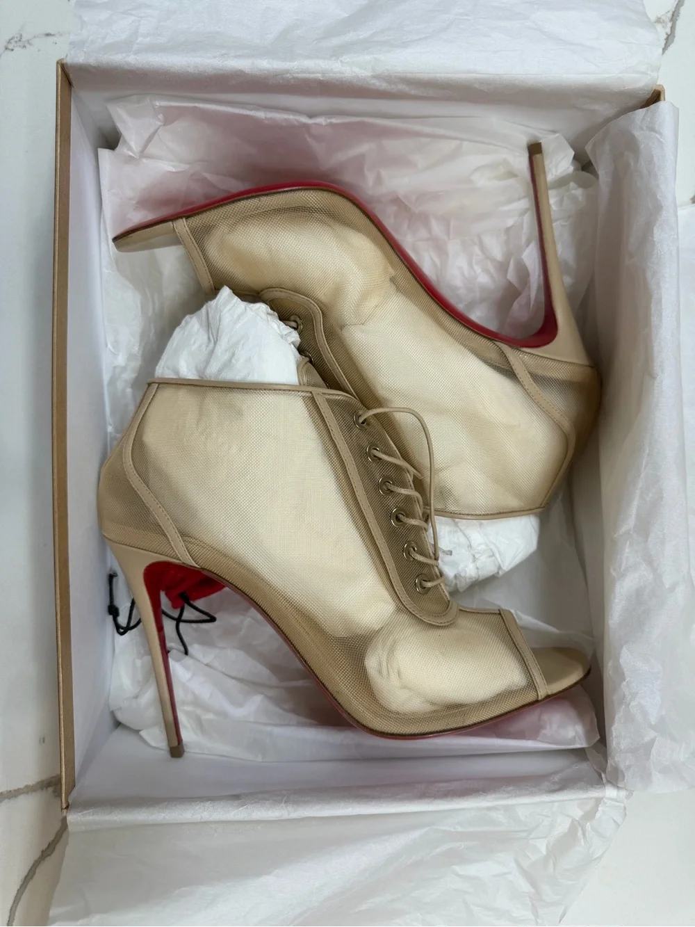 Christian Louboutin Open Ondessa 100MM Rete/Nappa - Lace-Up Booties – Nude